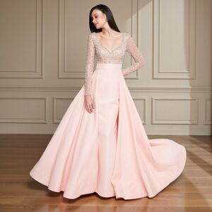 Terani Couture Blush Long Sleeve Formal Gown beaded embellished long dress Sz 14